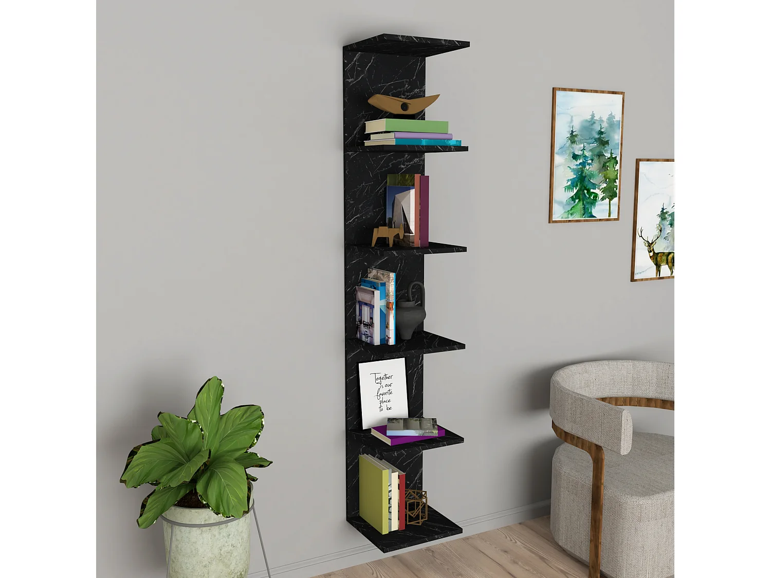 Étagère murale Surahammar à 6 niveaux 180 x 34,5 x 30 cm marbre noir [en.casa]