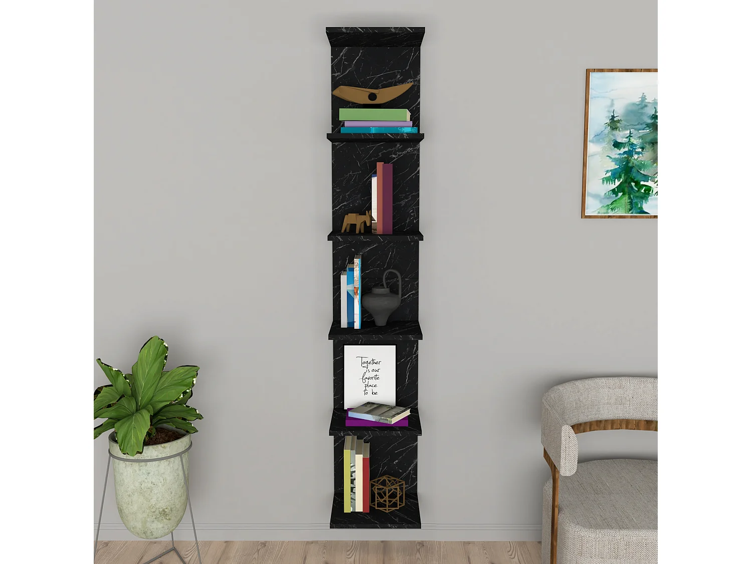 Étagère murale Surahammar à 6 niveaux 180 x 34,5 x 30 cm marbre noir [en.casa]