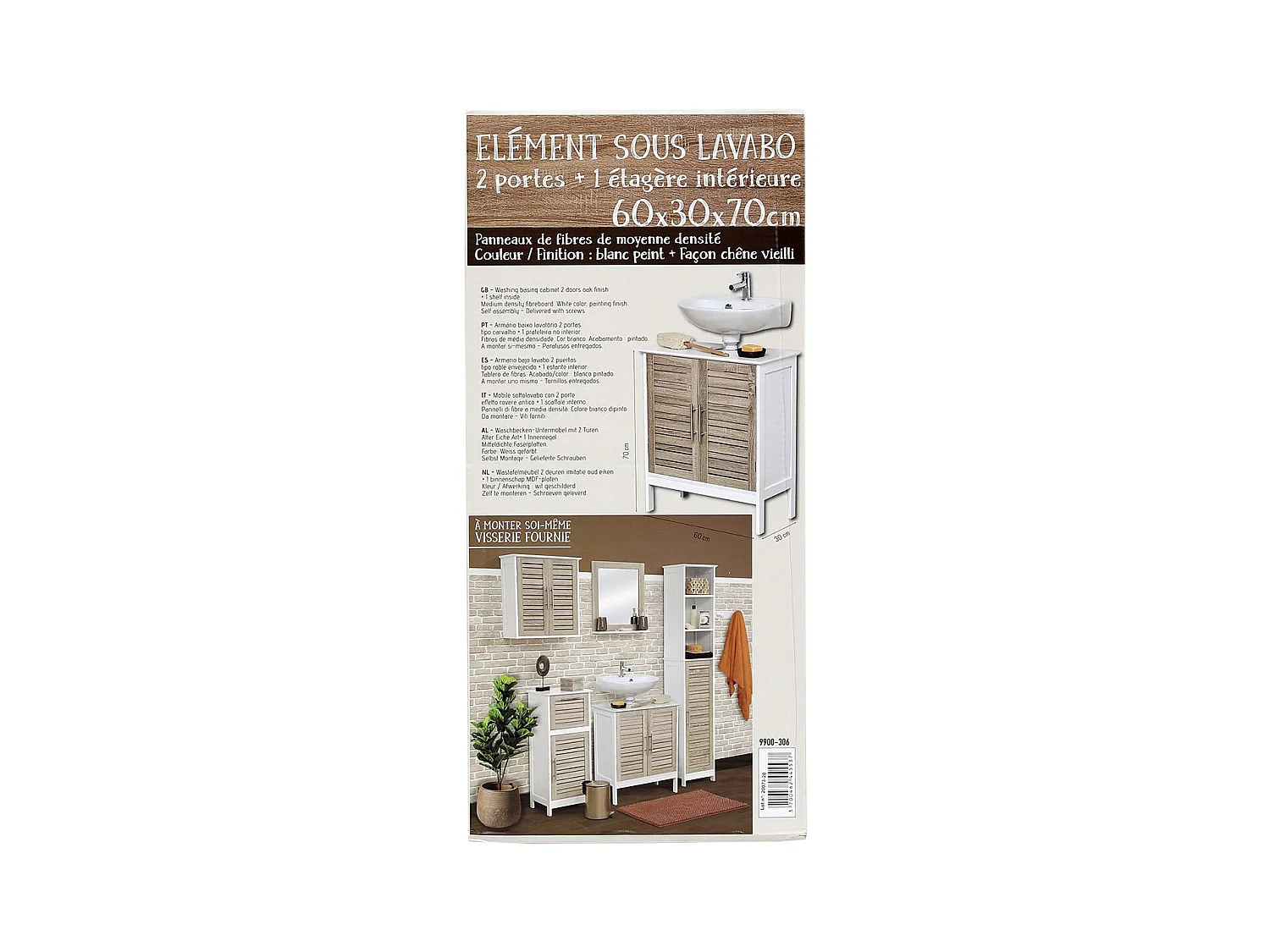 Meuble sous lavabo 2 Portes et 1 Etagère intérieure H 70 cm -  Stockholm