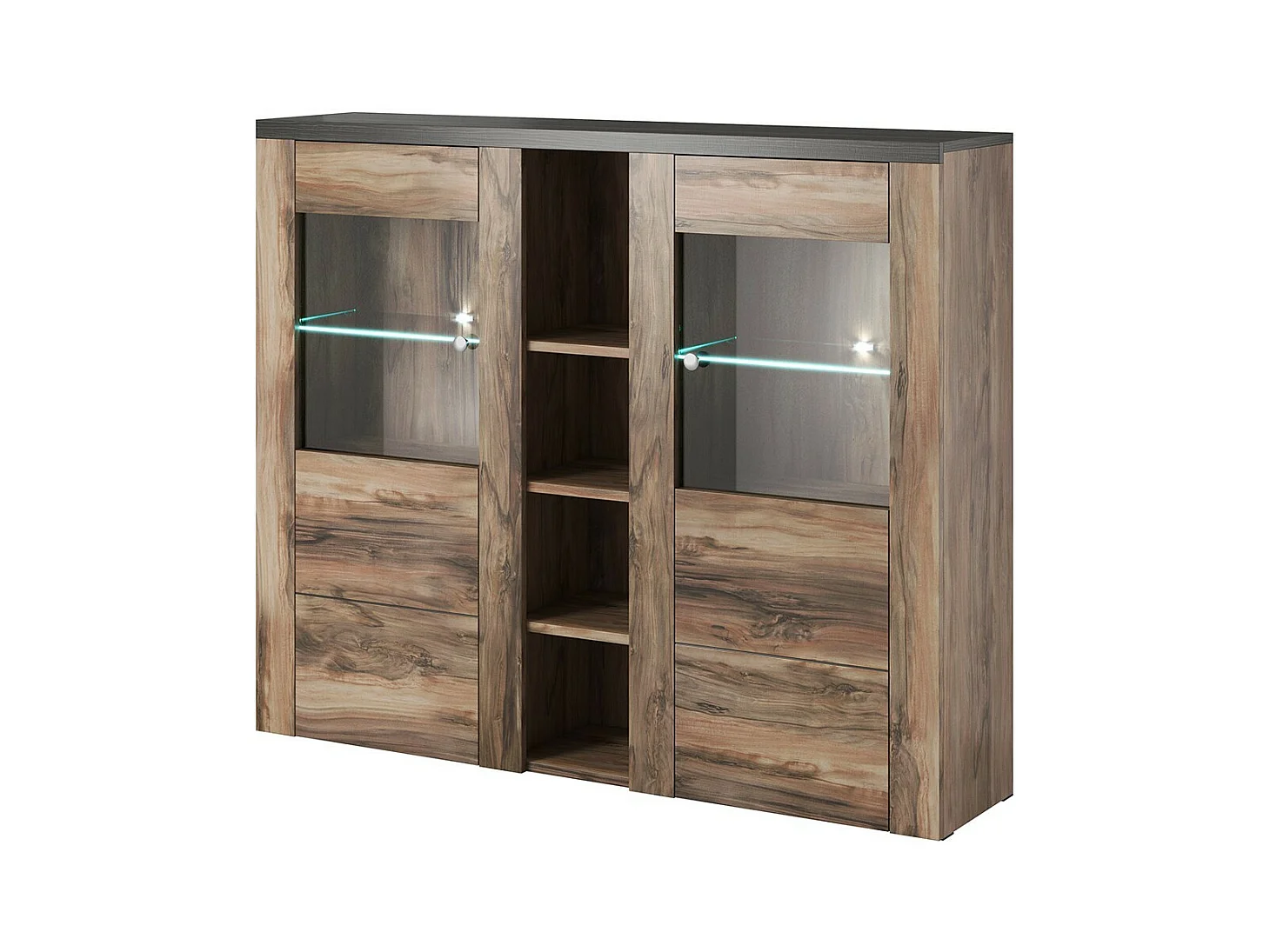 Cristaleira design com 2 portas para sala de estar na cor nogueira e preto com efeito de madeira. Coleção SANTIAGO.