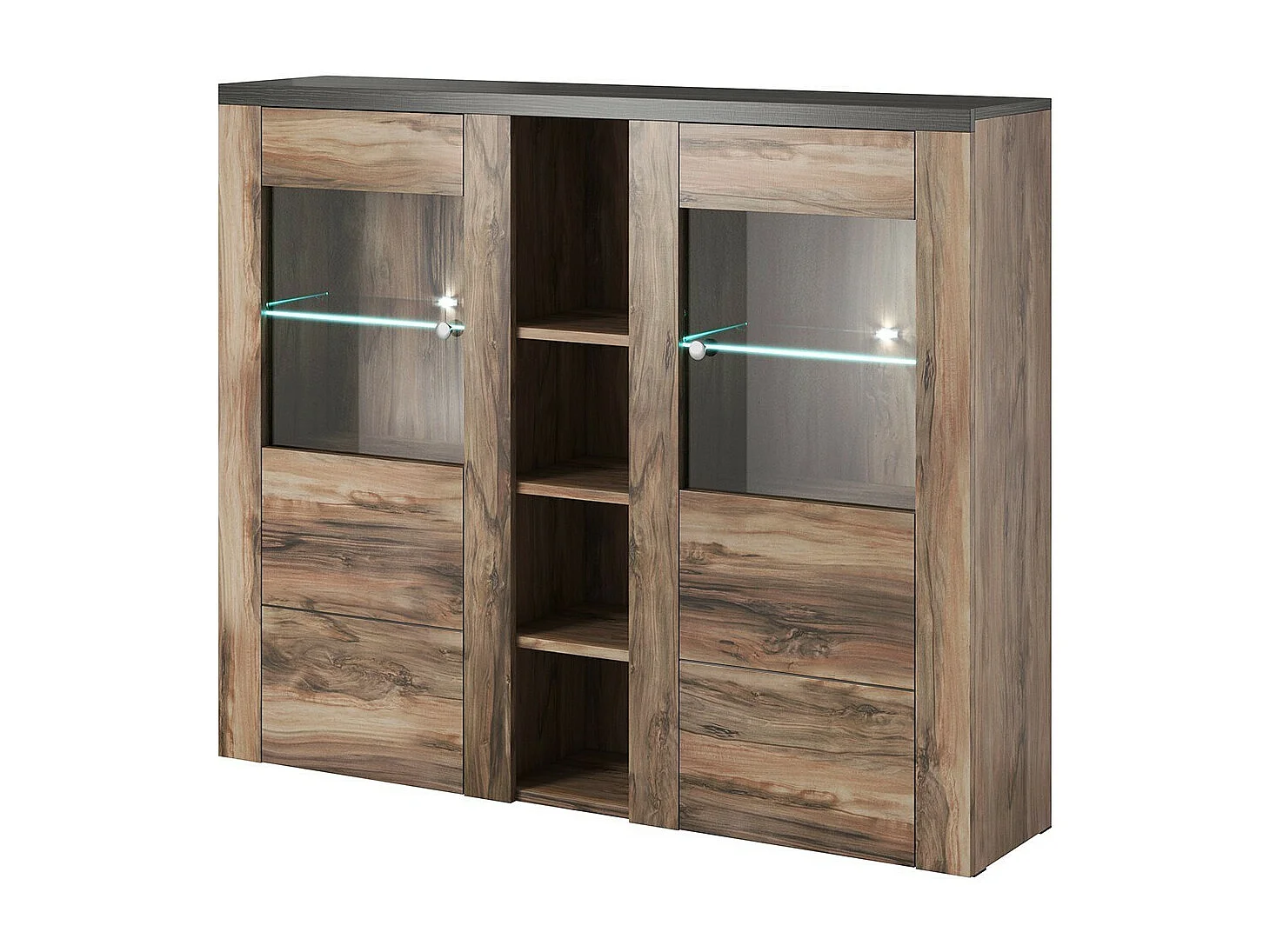 Vaisselier design 2 portes pour salon couleur noyer et noir effet bois. collection SANTIAGO.