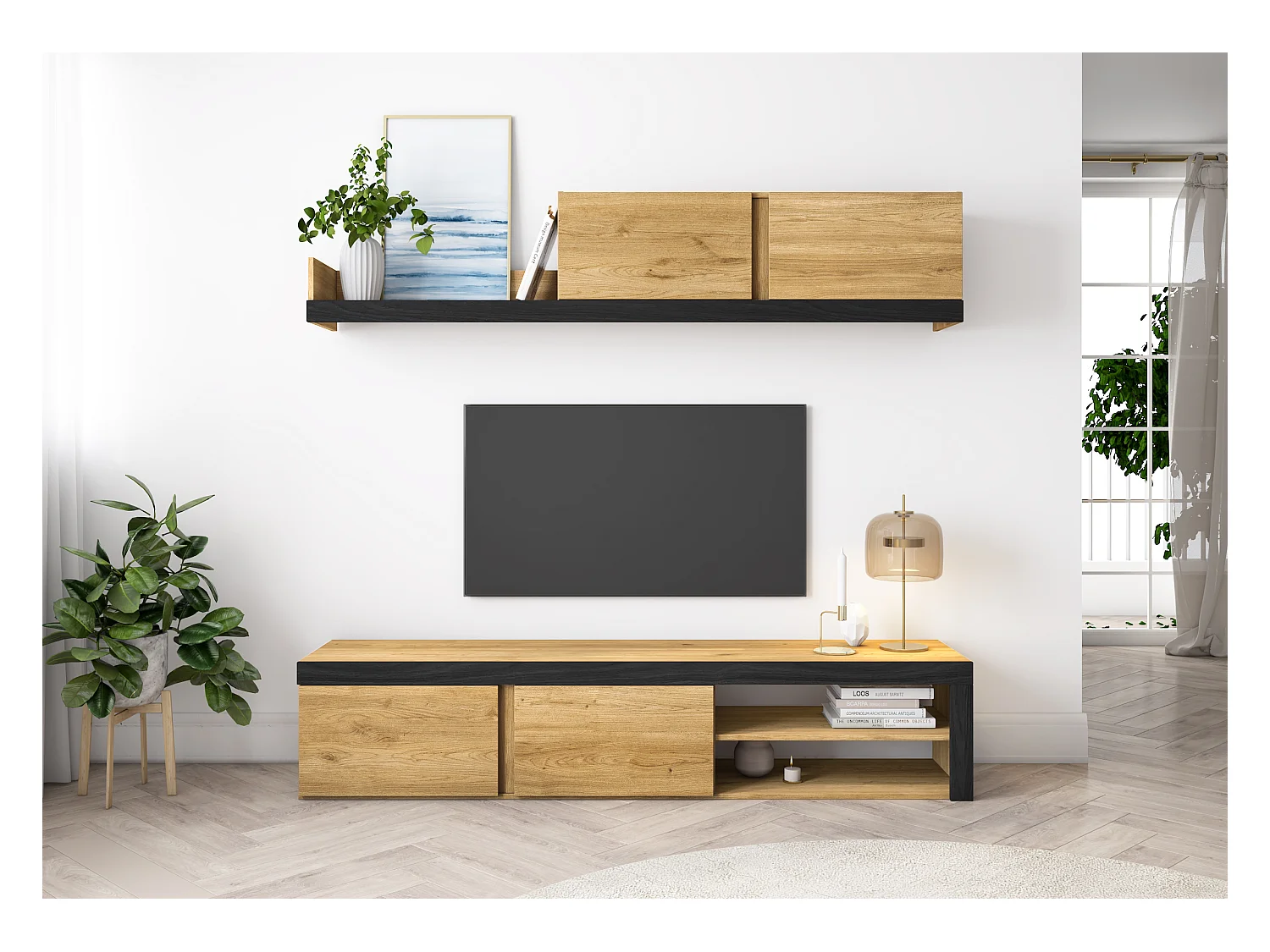 Lounge Furniture, IDEM -model, 200x40x180cm, Muurschildering Samenstelling, Eik en zwart, Moderne stijl