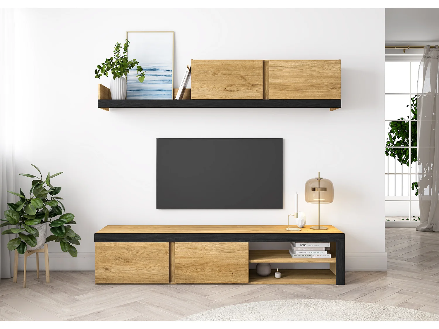 Lounge Furniture, IDEM -model, 200x40x180cm, Muurschildering Samenstelling, Eik en zwart, Moderne stijl