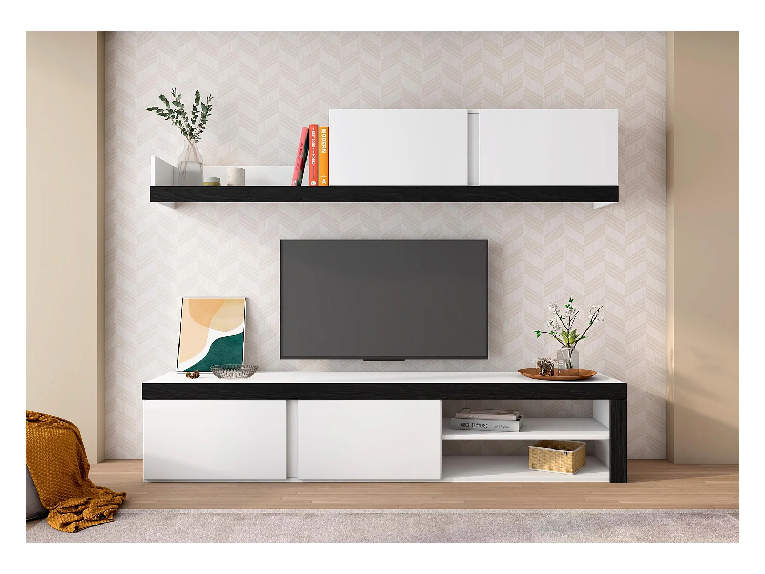 Mobile da Soggiorno IDEM, Mobile da Soggiorno,  1 Mobile TV e 1 Mensola e Armadietto, Bianco e Nero, 200x40x180cm