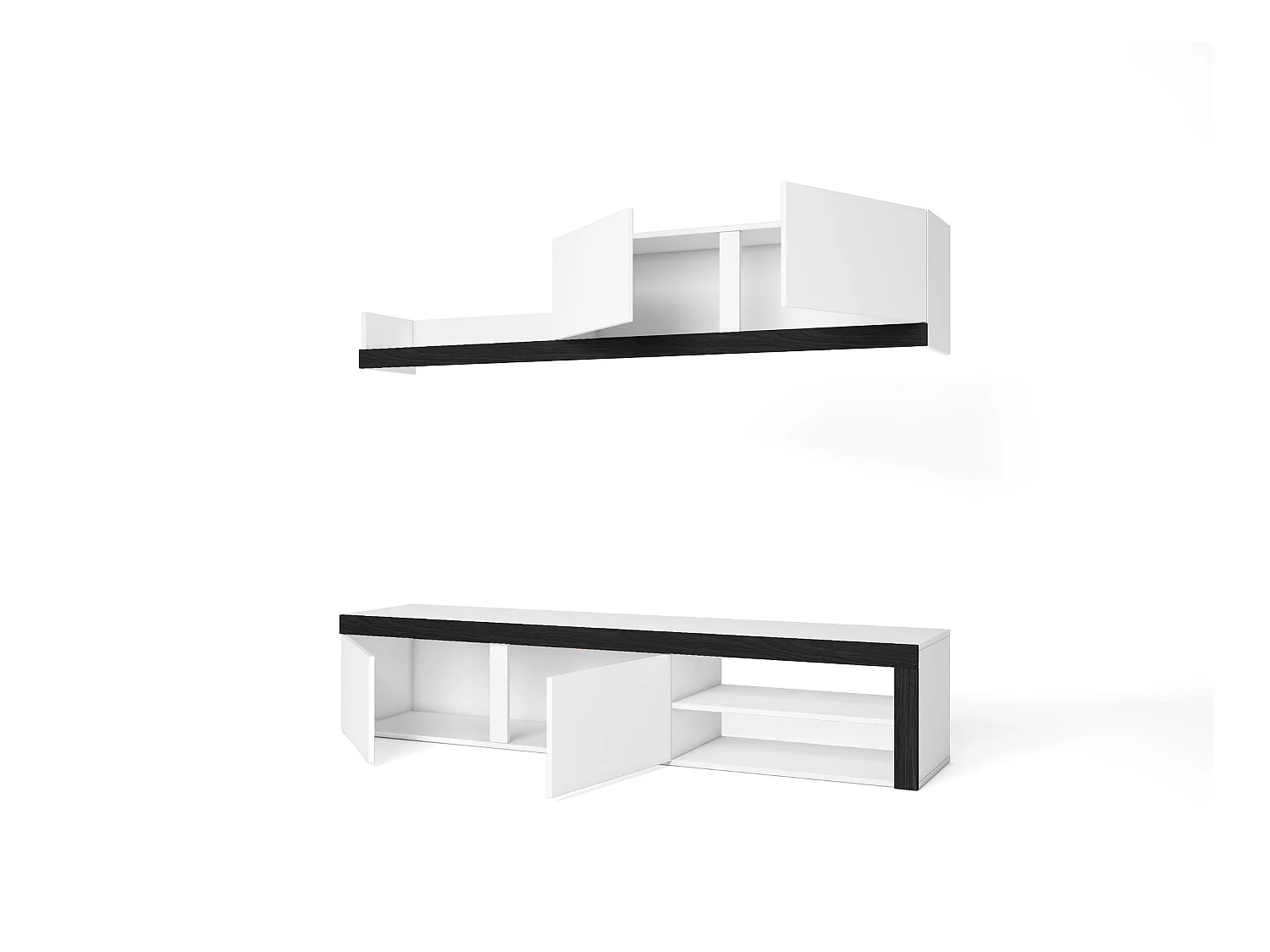 Mobile da Soggiorno IDEM, Mobile da Soggiorno,  1 Mobile TV e 1 Mensola e Armadietto, Bianco e Nero, 200x40x180cm