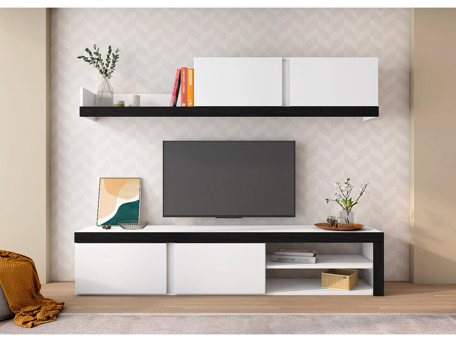 Salon IDEM "Blanco" - Ensemble de Meubles - Blanc/Noir 200x40x180cm