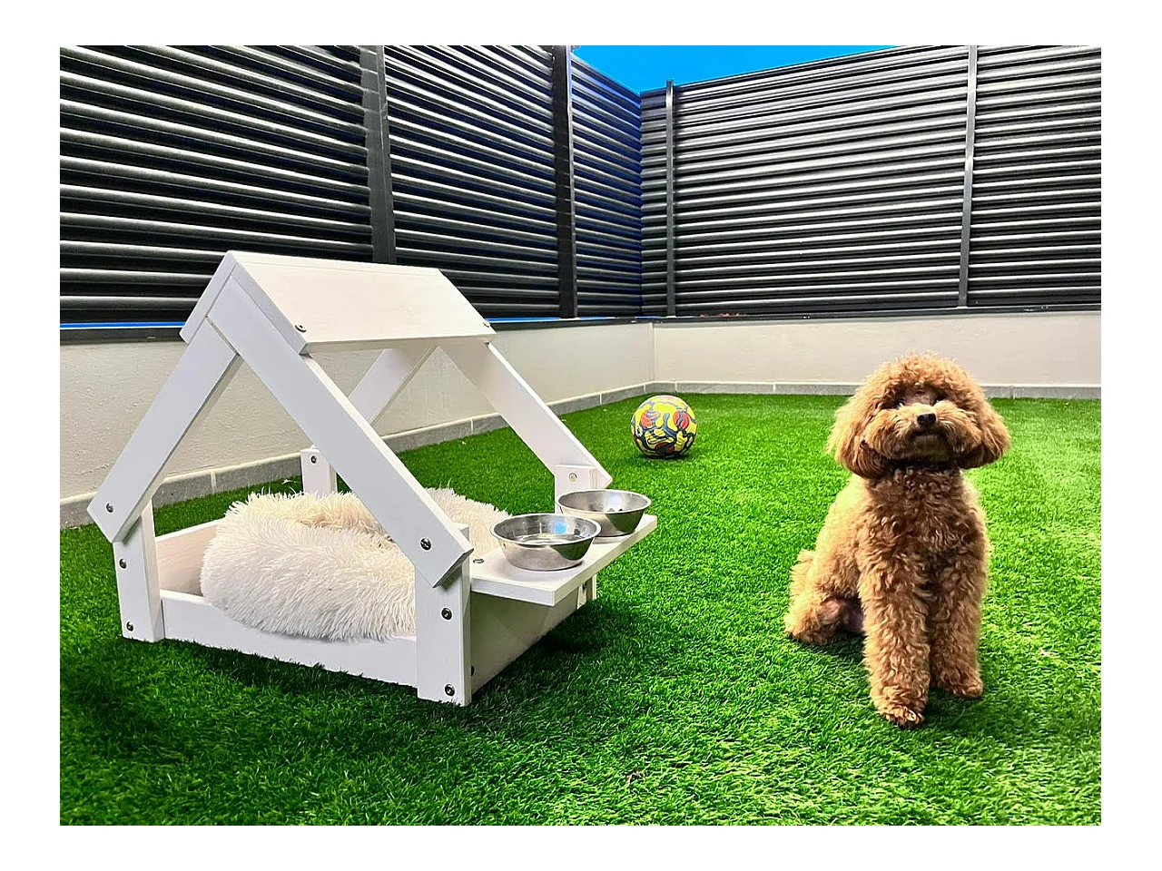 Dog Booth, Voor kleine en middelgrote honden en katten, met steun voor 2 kommen, 60x44x55cm, Interieur en buitenkant, Wit