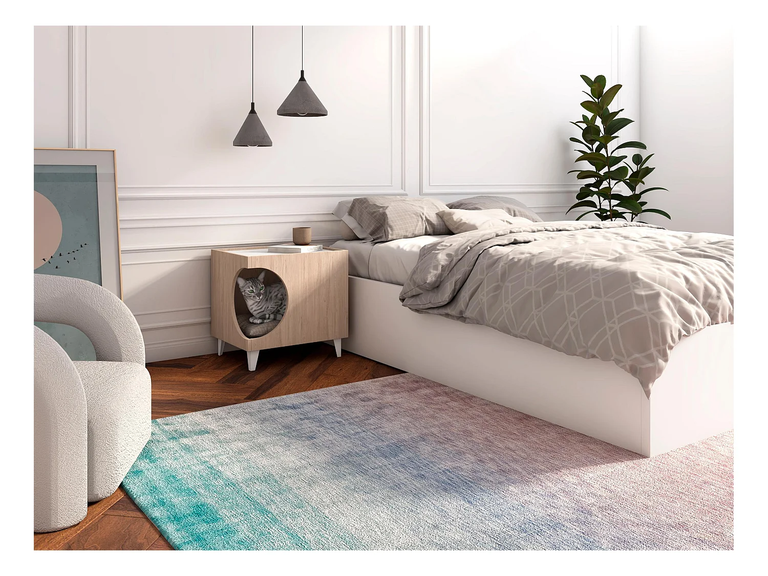 Pet Table, Ellie Model, 46,8x37x40 cm, Eetkamer, Eik en wit, Noordse stijl