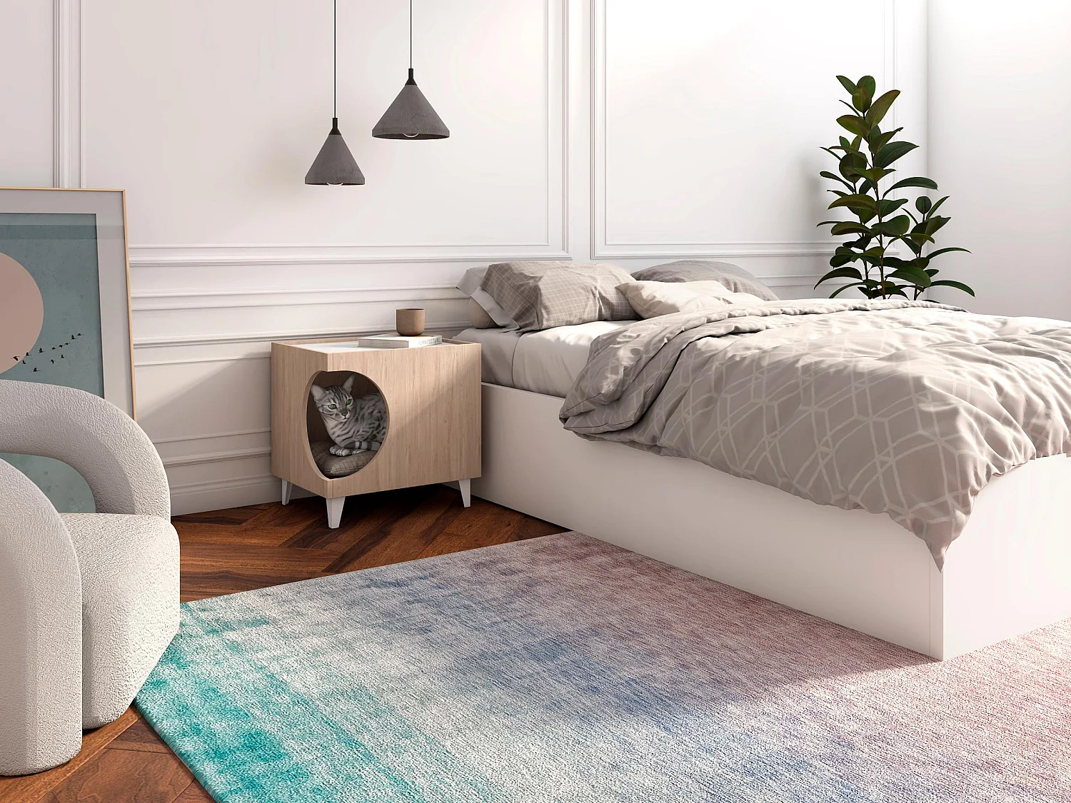 Pet Table, Ellie Model, 46,8x37x40cm, Eetkamer, Eik en wit, Noordse stijl