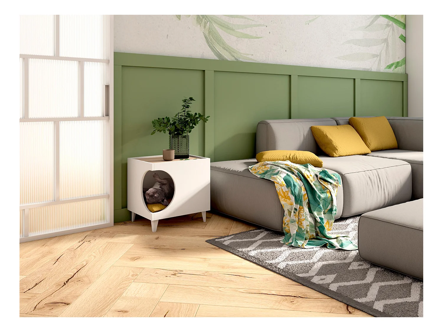 Beistelltisch - Hunde und Katzenhaus ELLIE - Weiß/Eiche - Seiteneingang, 1 Tür - Hunde- und Katzenschrank, für Katzenklo - 46x37x49cm