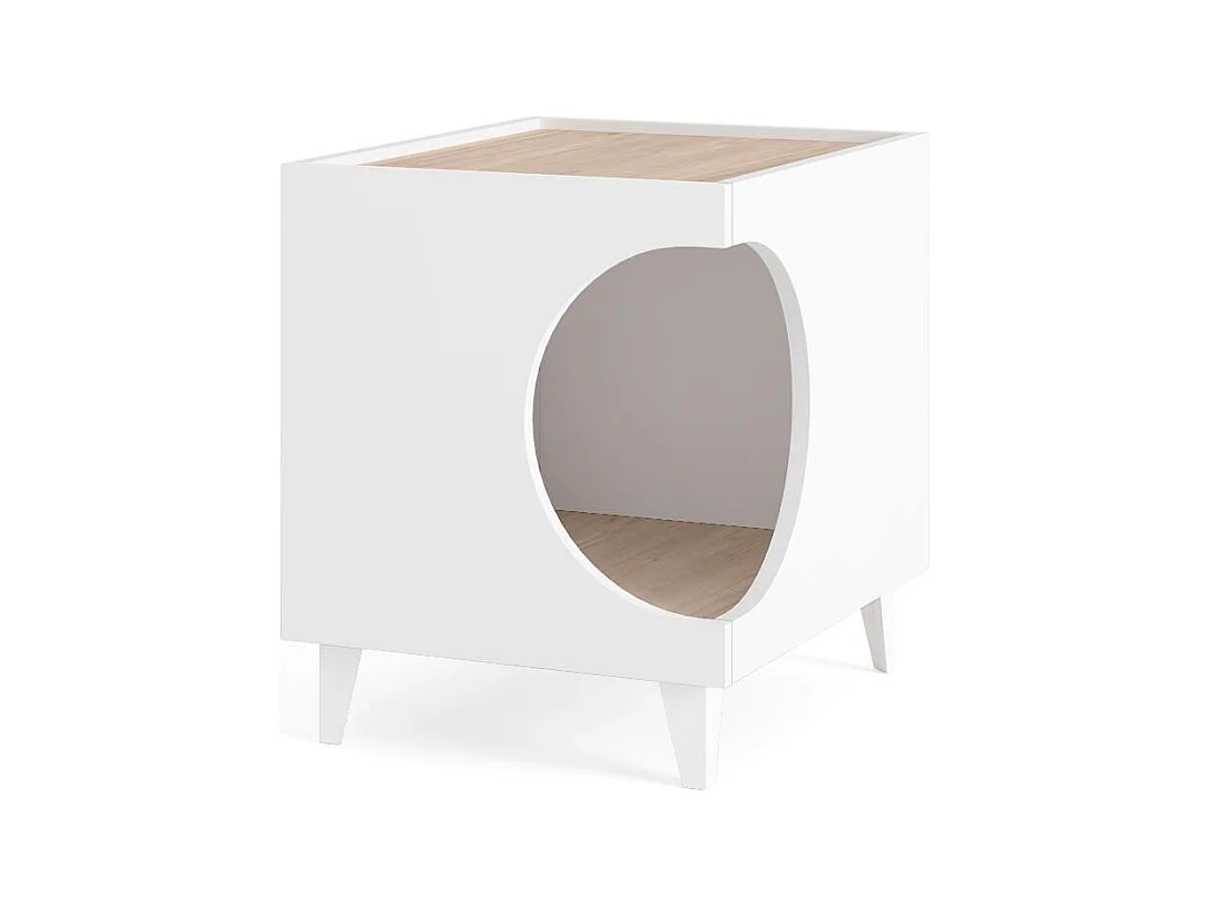 Beistelltisch - Hunde und Katzenhaus ELLIE - Weiß/Eiche - Seiteneingang, 1 Tür - Hunde- und Katzenschrank, für Katzenklo - 46x37x49cm