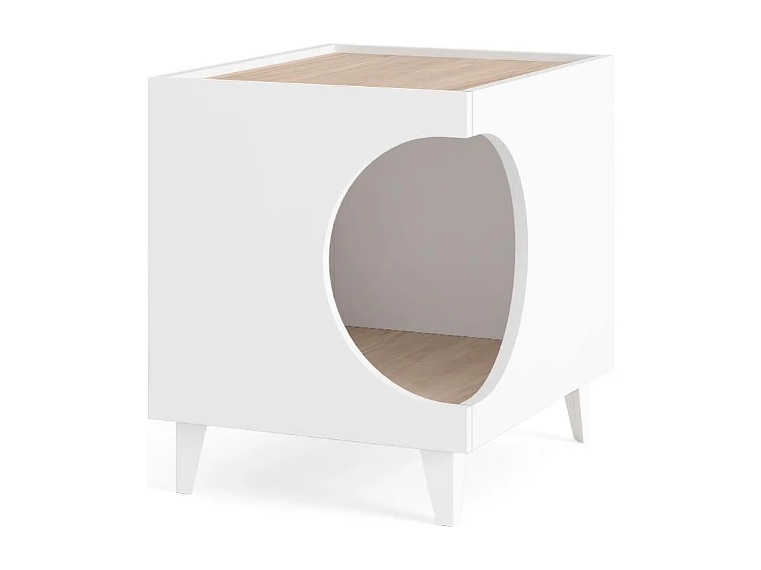 Mesa Animal Ellie, cor Branco e Carvalho, orifício de entrada lateral, 1 porta, 46x37x49cm