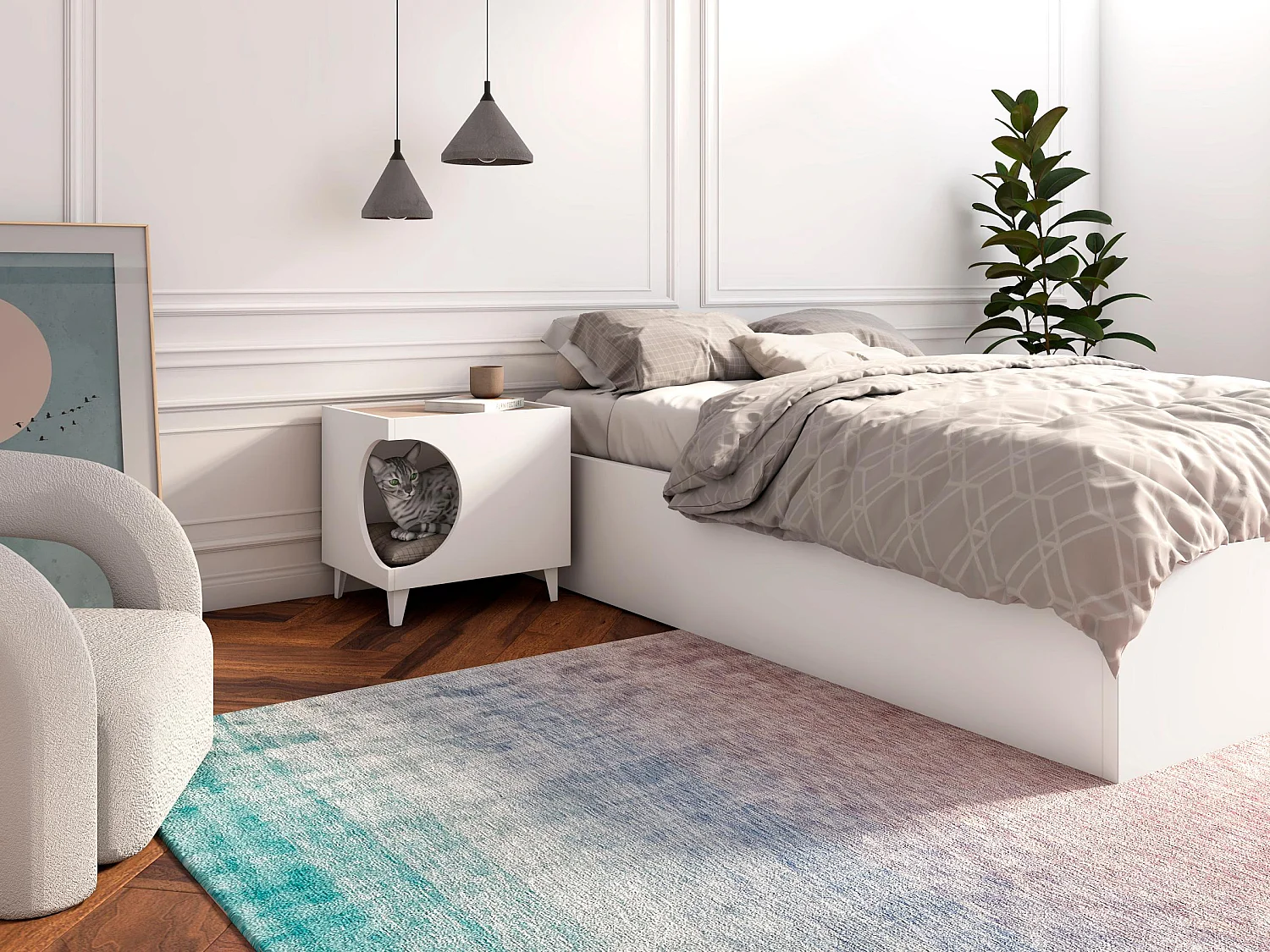 Mesa Animal Ellie, cor Branco e Carvalho, orifício de entrada lateral, 1 porta, 46x37x49cm