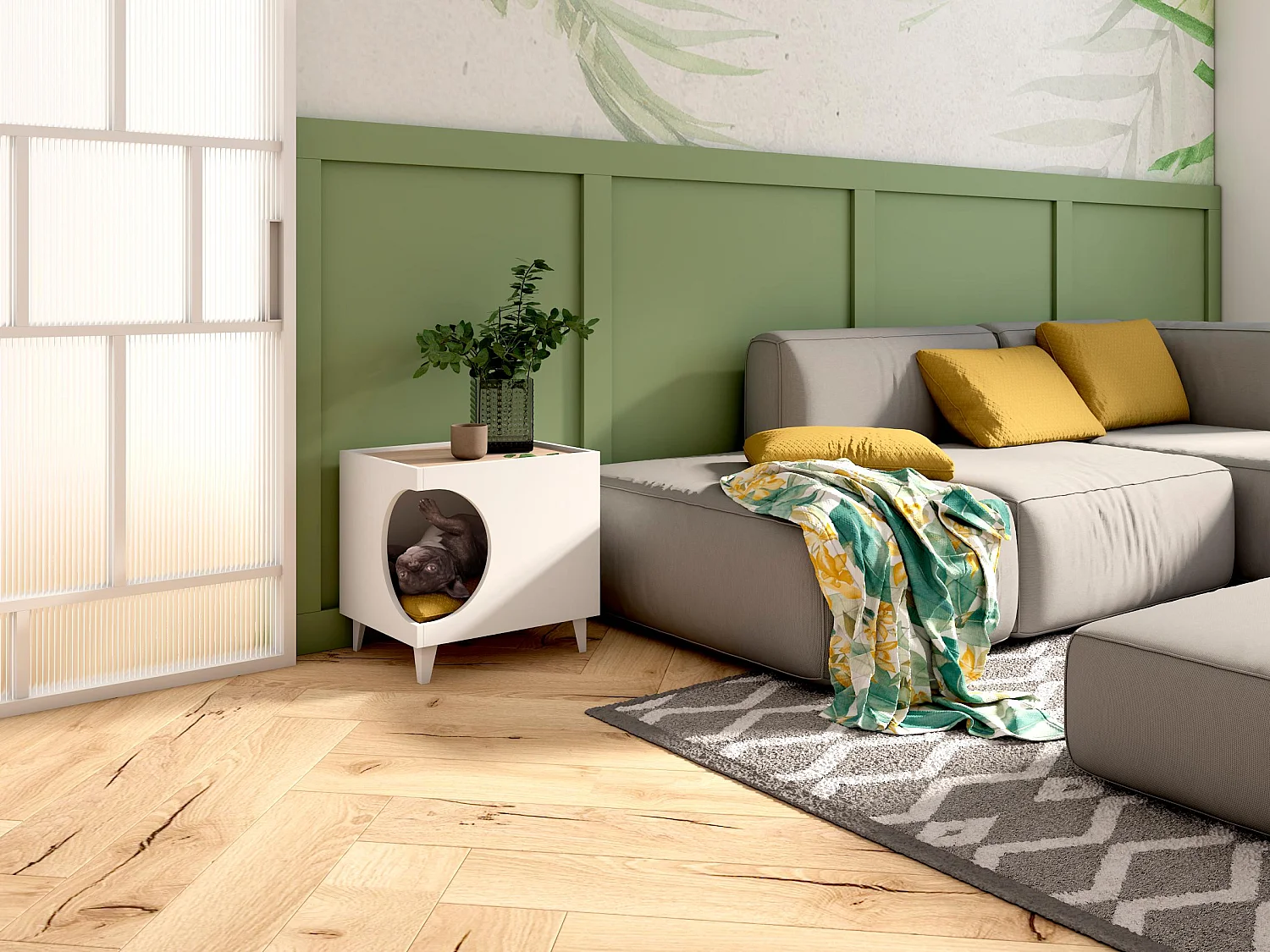 Mesa Animal Ellie, cor Branco e Carvalho, orifício de entrada lateral, 1 porta, 46x37x49cm