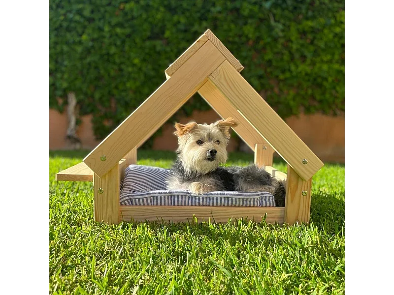 Dog Booth, Voor kleine en middelgrote honden en katten, met steun voor 2 kommen, 60x44x55cm, Interieur en buitenkant, Natuurlijk