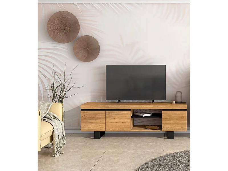 Tv -meubels met benen, NATORE MODEL, 160x40x53 cm, Eetkamer, Eik en zwart, Industriële stijl