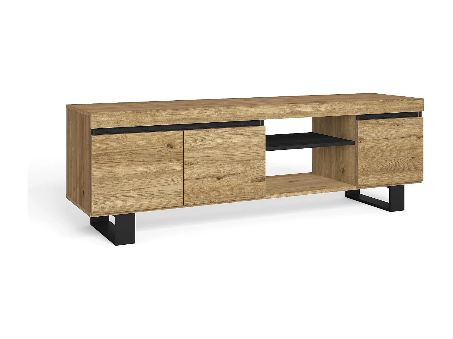 Meuble TV mod.NATURALE ''Chêne/Noir'', 2 portes et 2 logements, 160x40x53cm