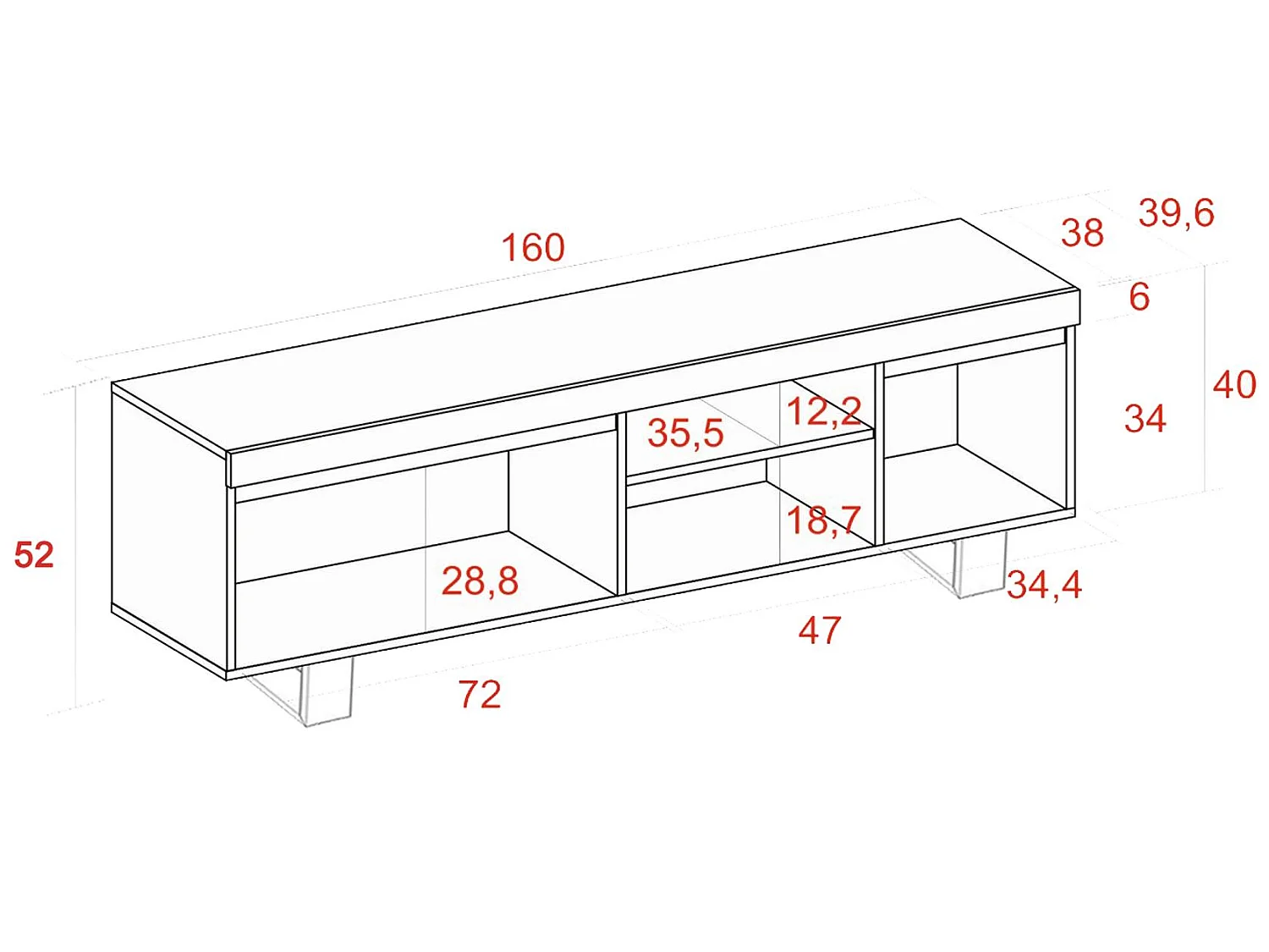 Mueble de TV con patas "Naturale" con patas , Roble/Negro, Nórdico, 160x40x53cm