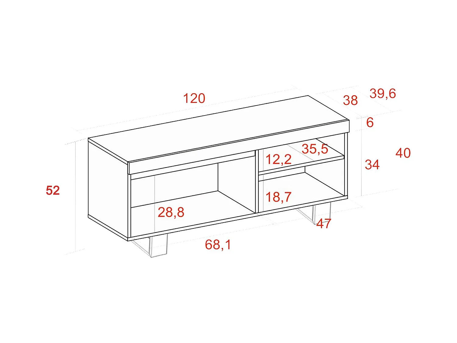 Meuble TV mod.NATURALE ''Chêne/Noir'', 1 porte et 2 logements, 120x40x53cm