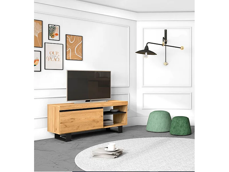 Móvel de TV modelo NATURALE cor Carvalho e Preto, 120x40x53cm