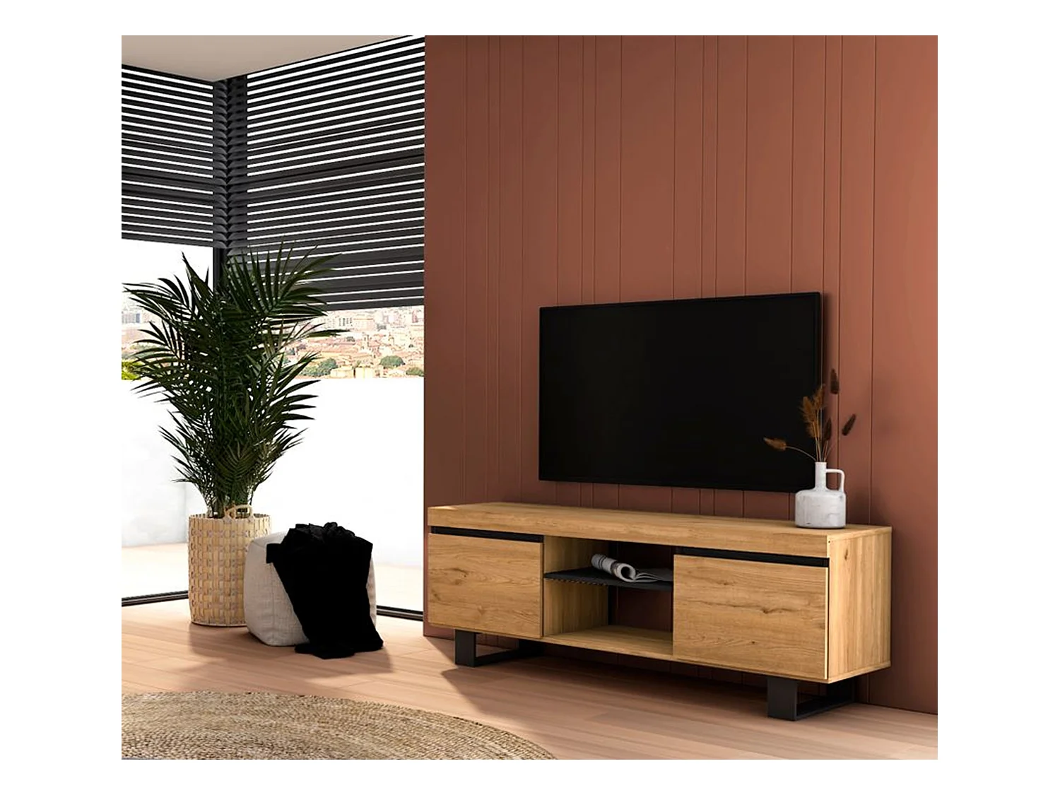 Mobile TV modello Naturale, Rovere e Nero, 2 porte e 2 alloggi, Soggiorno-soggiorno, 140x40x53cm
