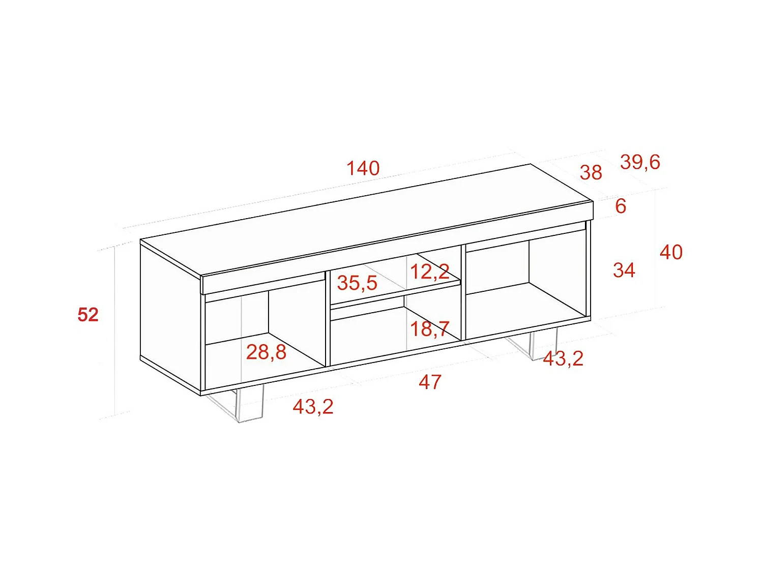 Meuble TV mod.NATURALE ''Chêne/Noir'', 2 portes et 2 logements, 140x40x53cm