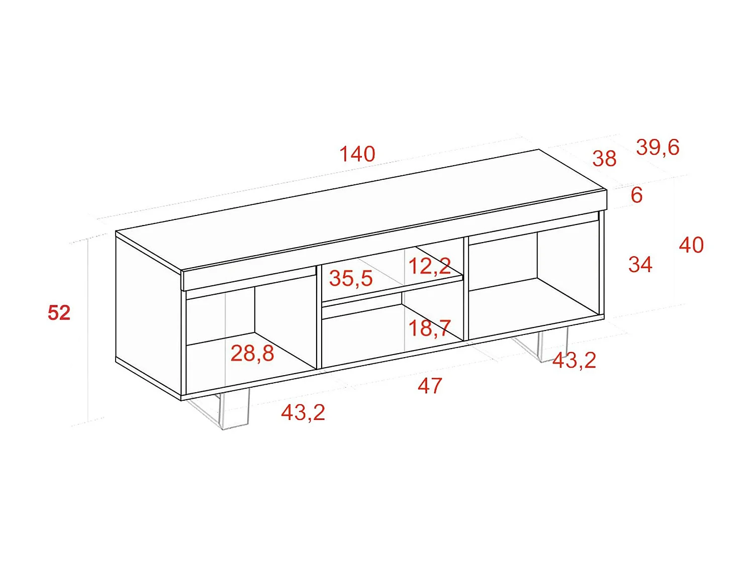 Tv -meubels met benen, NATORE MODEL, 140x40x53 cm, Eetkamer, Eik en zwart, Industriële stijl