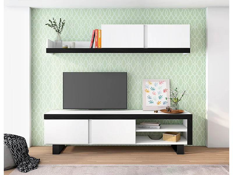 Soggiorno IDEM, Set di mobili, Unità a parete, Mobile basso TV, Sala da pranzo, Set da soggiorno Colore Bianco/Nero, 200x40x180cm