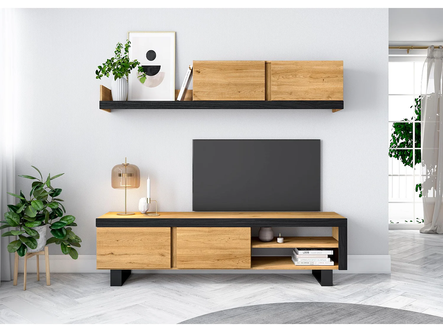 Mueble de Salón IDEM "Naturale" con patas - Módulos de Comedor - Roble/Negro Nórdico, 200x40x180cm