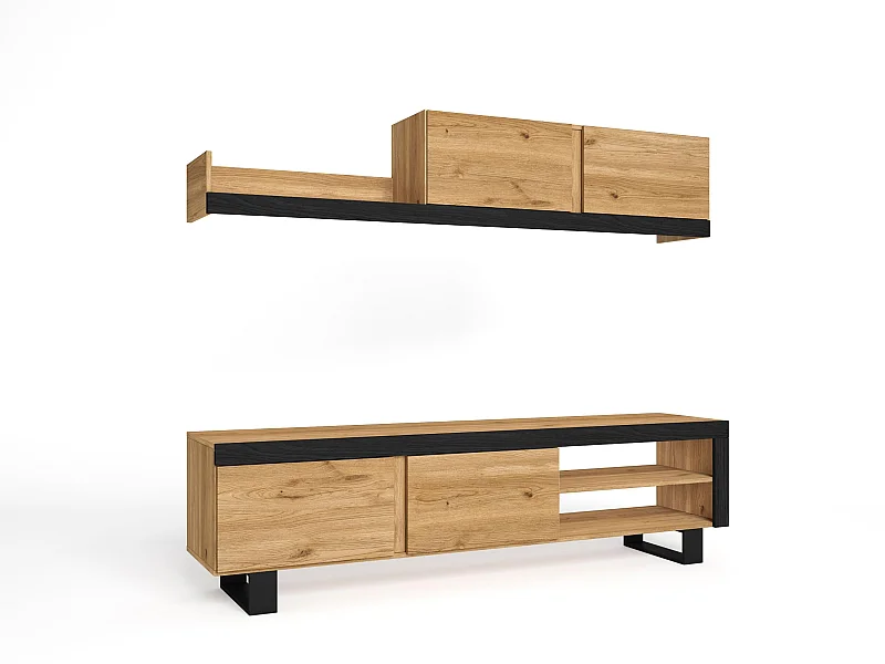 Mueble de Salón IDEM "Naturale" con patas - Módulos de Comedor - Roble/Negro Nórdico, 200x40x180cm