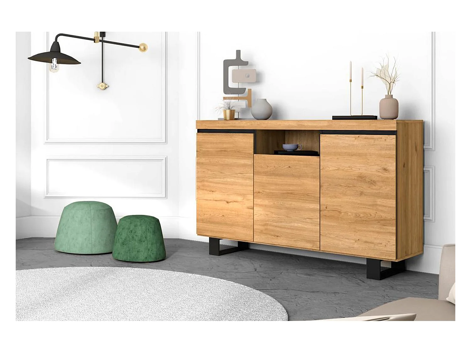 Buffet salon Salle à manger bureau Couleur ''Chêne/Noir'' 3 Portes 1 Compartiment 140x40x92 cm