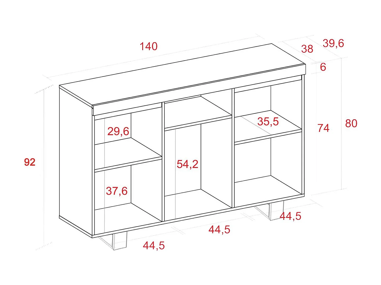 Buffet salon Salle à manger bureau Couleur ''Chêne/Noir'' 3 Portes 1 Compartiment 140x40x92 cm