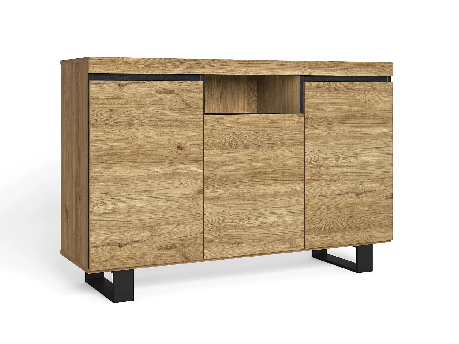 Anrichte für Wohnzimmer, Esszimmer, Büro, Farbe: Eiche/Schwarz, 3 Türen, 1 Fach, 140x40x92cm, Nordic