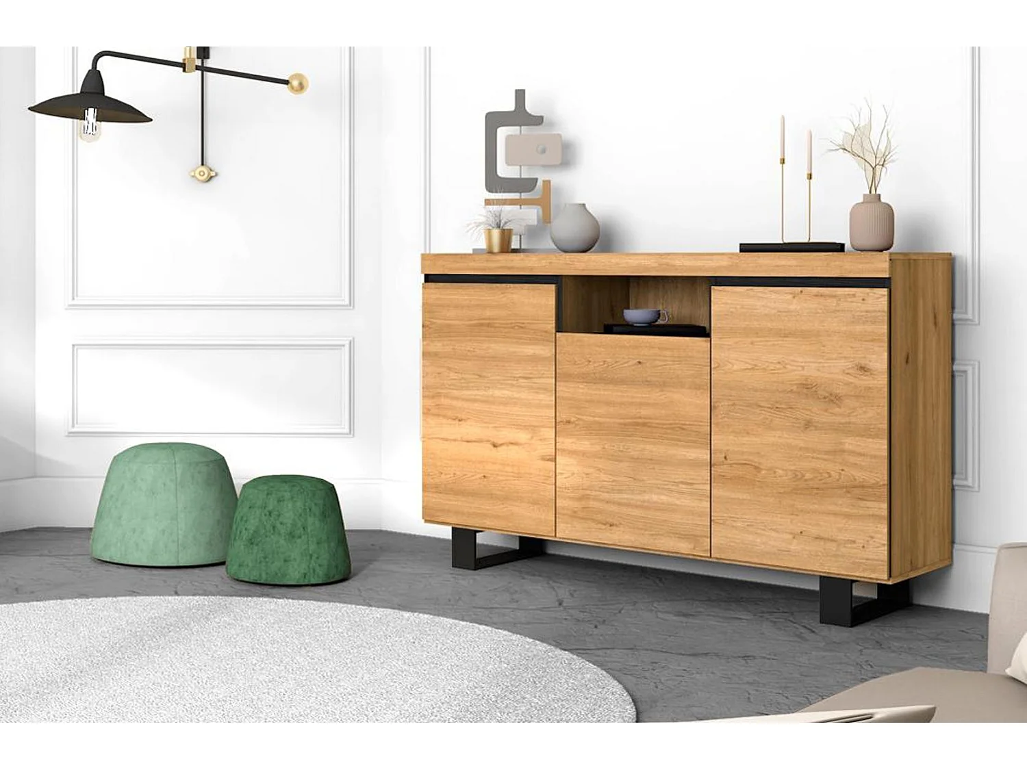 Anrichte für Wohnzimmer, Esszimmer, Büro, Farbe: Eiche/Schwarz, 3 Türen, 1 Fach, 140x40x92cm, Nordic