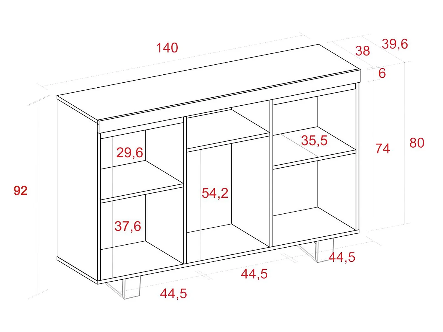 Anrichte für Wohnzimmer, Esszimmer, Büro, Farbe: Eiche/Schwarz, 3 Türen, 1 Fach, 140x40x92cm, Nordic