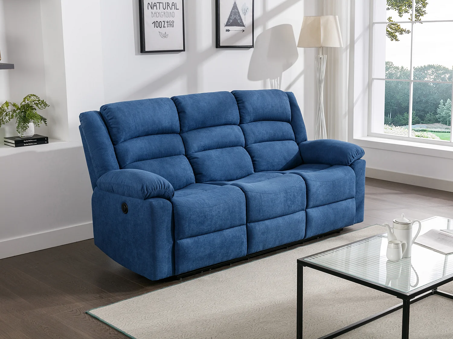 Canapé 3 places relax électrique en tissu bleu BUROLO