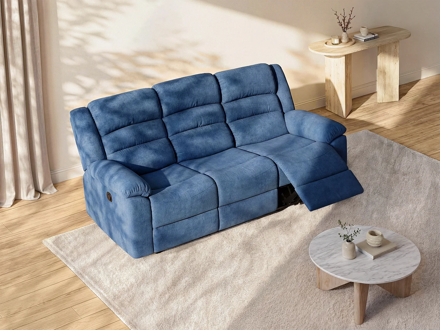 Elektrisk 3-personers recliner sofa i blåt stof BUROLO
