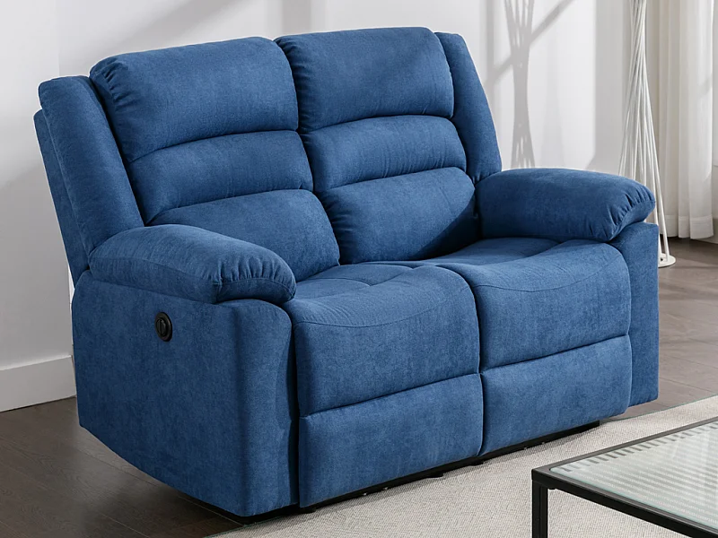Elektrische tweezits-relaxbank van blauwe stoffen bekleding BUROLO