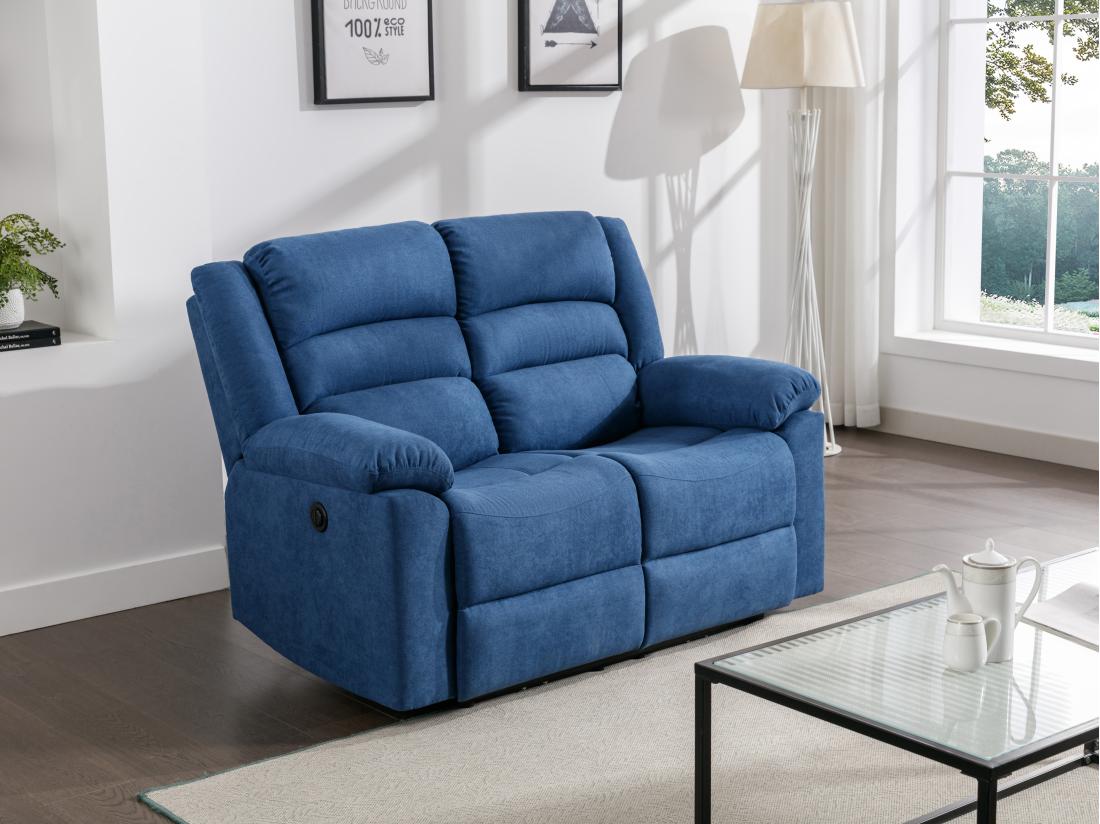 vente unique Canapé 2 places relax électrique en tissu bleu BUROLO