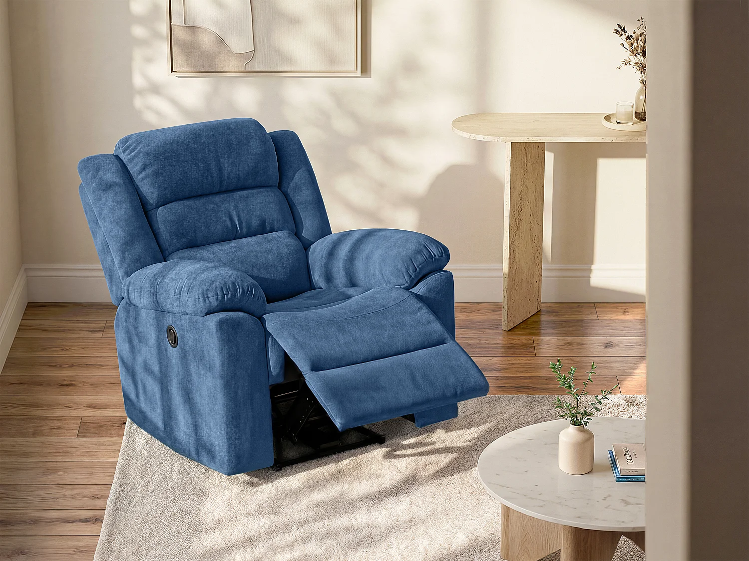 Elektrisk afslappende lænestol i blåt stof BUROLO