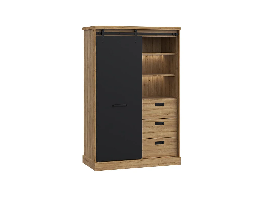 Buffet haut 1 porte 3 tiroirs décor chêne et noir éclairage LED - FARM