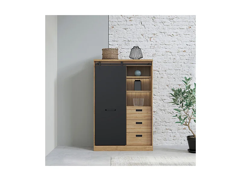 Buffet haut 1 porte 3 tiroirs décor chêne et noir éclairage LED - FARM