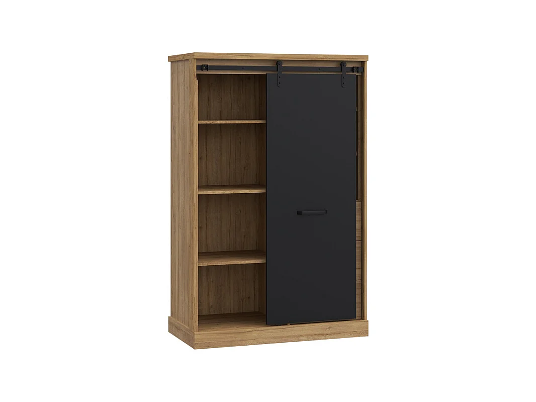 Buffet haut 1 porte 3 tiroirs décor chêne et noir éclairage LED - FARM