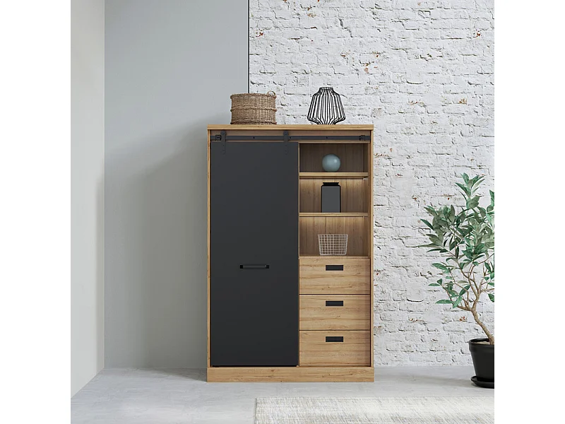 Buffet haut 1 porte 3 tiroirs décor chêne et noir éclairage LED - FARM