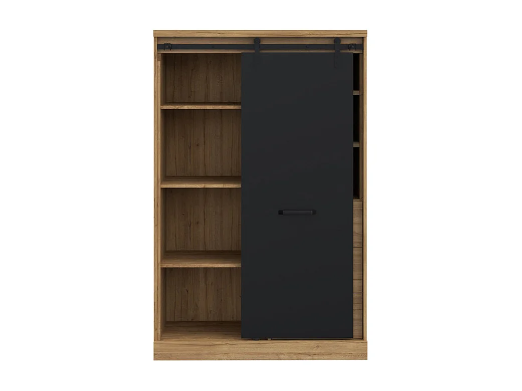 Buffet haut 1 porte 3 tiroirs décor chêne et noir éclairage LED - FARM