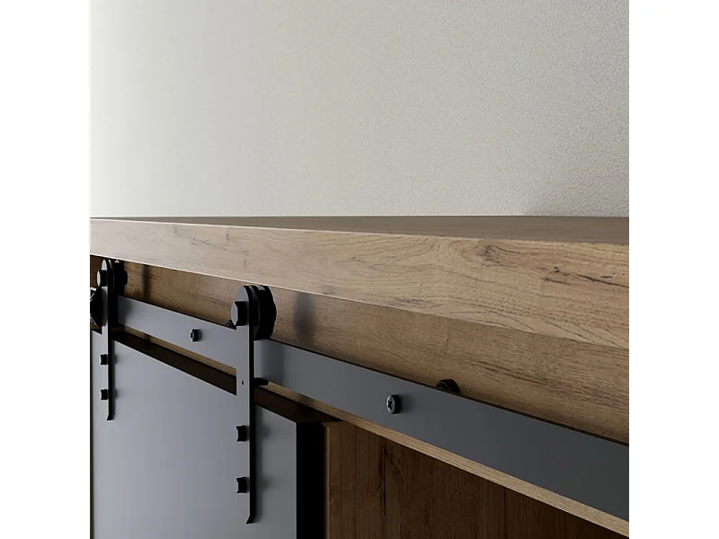 Buffet haut 1 porte 3 tiroirs décor chêne et noir éclairage LED - FARM