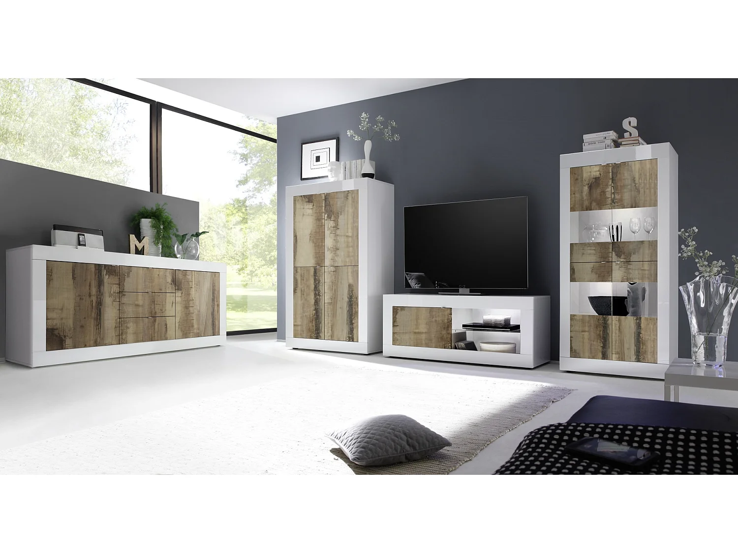 Salon complet BASIC blanc chêne péro - AVEC Buffet