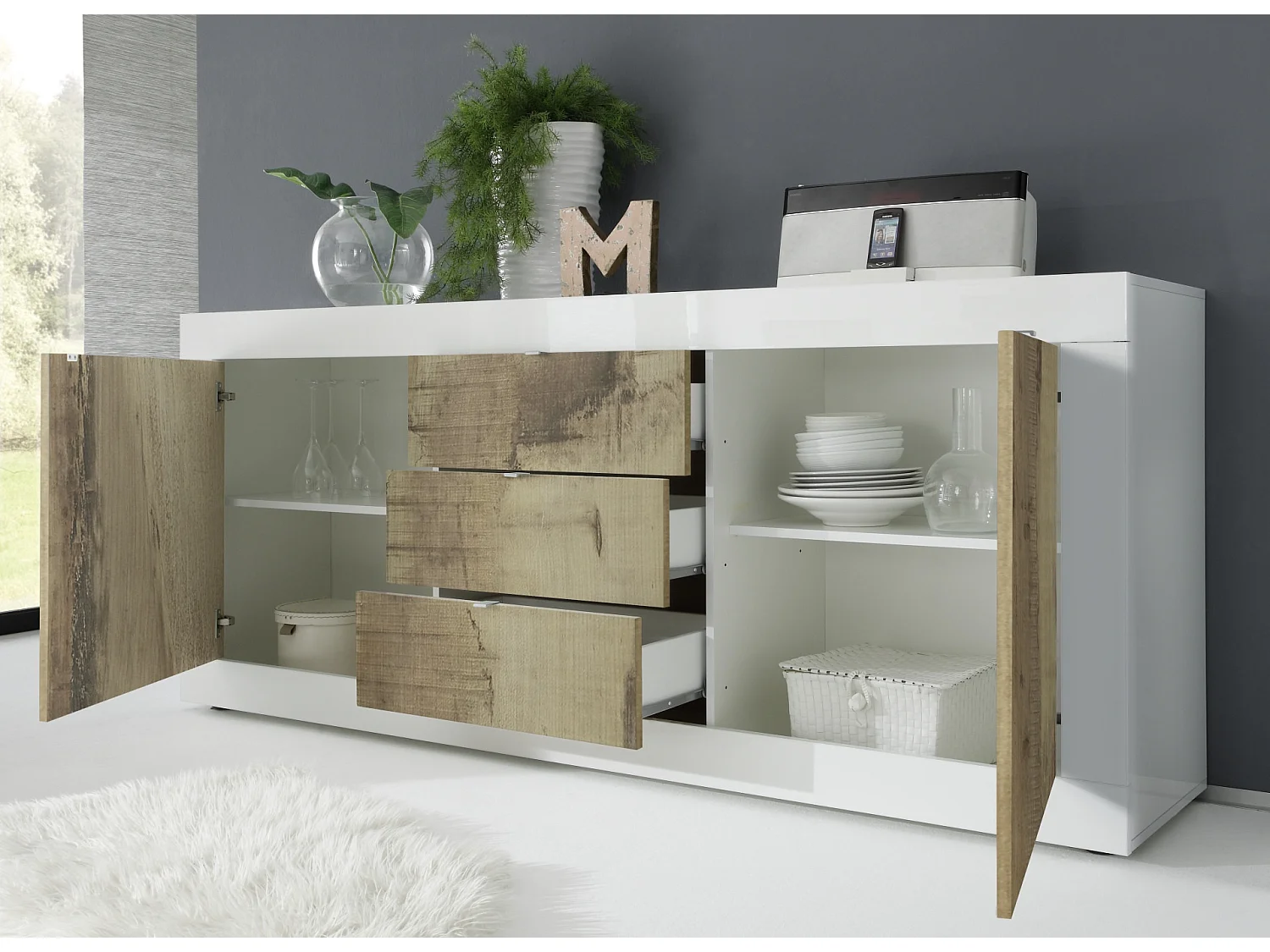 Salon complet BASIC blanc chêne péro - AVEC Buffet