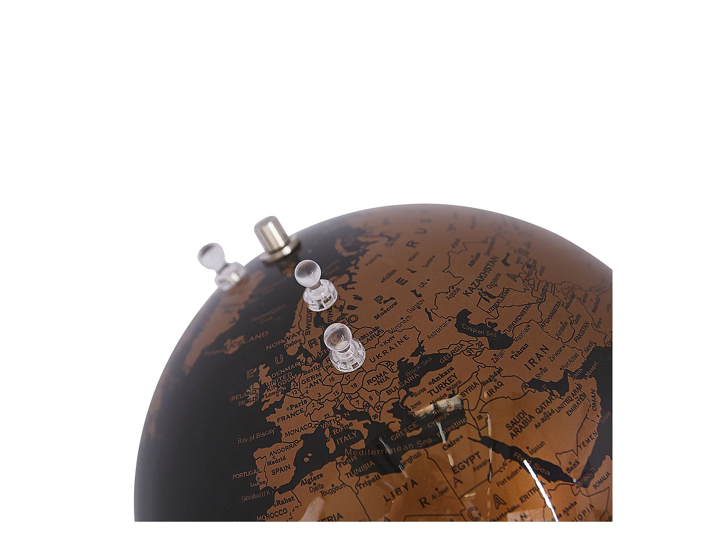 Globus in Schwarz/Kupfer mit Edelstahl-Standfuß und Magnet-Pins Modern