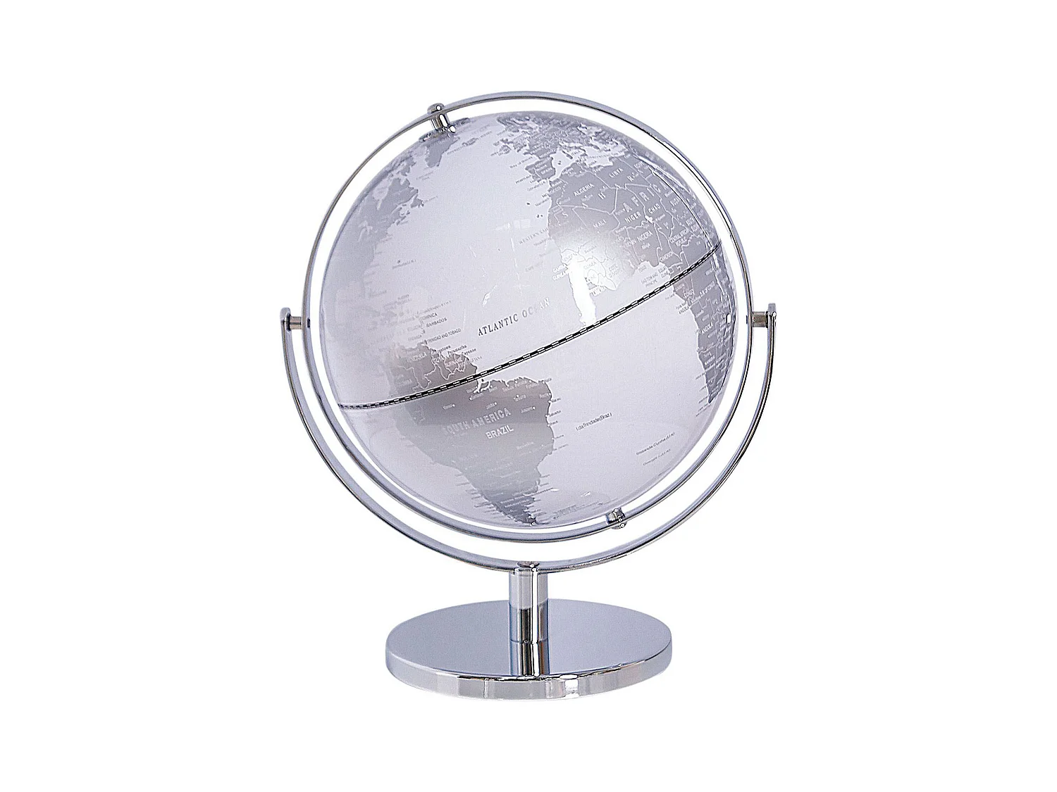 Moderner Tischglobus drehbar in Weiß und Silber mit verchromten Standfuß Drake
